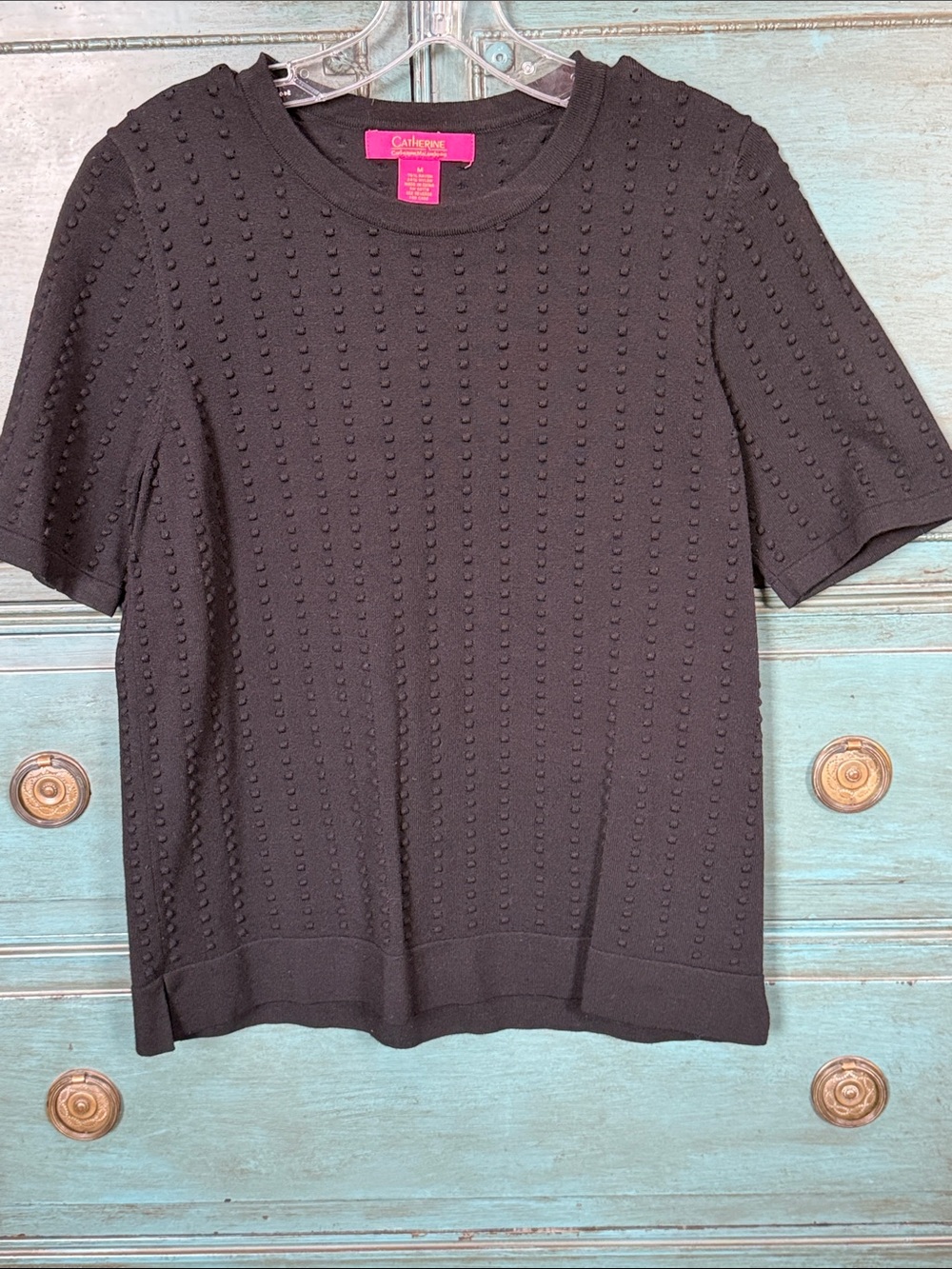 Catherines Black Short-Sleeve Textured Crew Neck Top